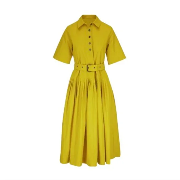 CO Half Placket Belted Shirt Dress Womens Medium Citron Yellow Short Sleeve Midi